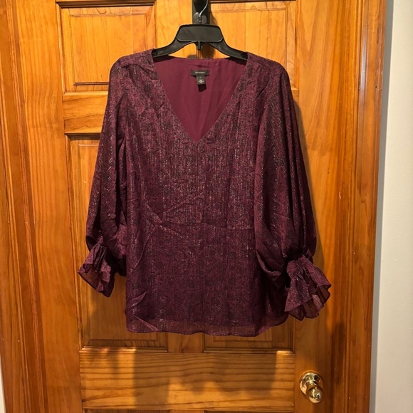 Halogen Metallic Balloon Sleeve Blouse in Burgundy Large NWT - Picture 2 of 8